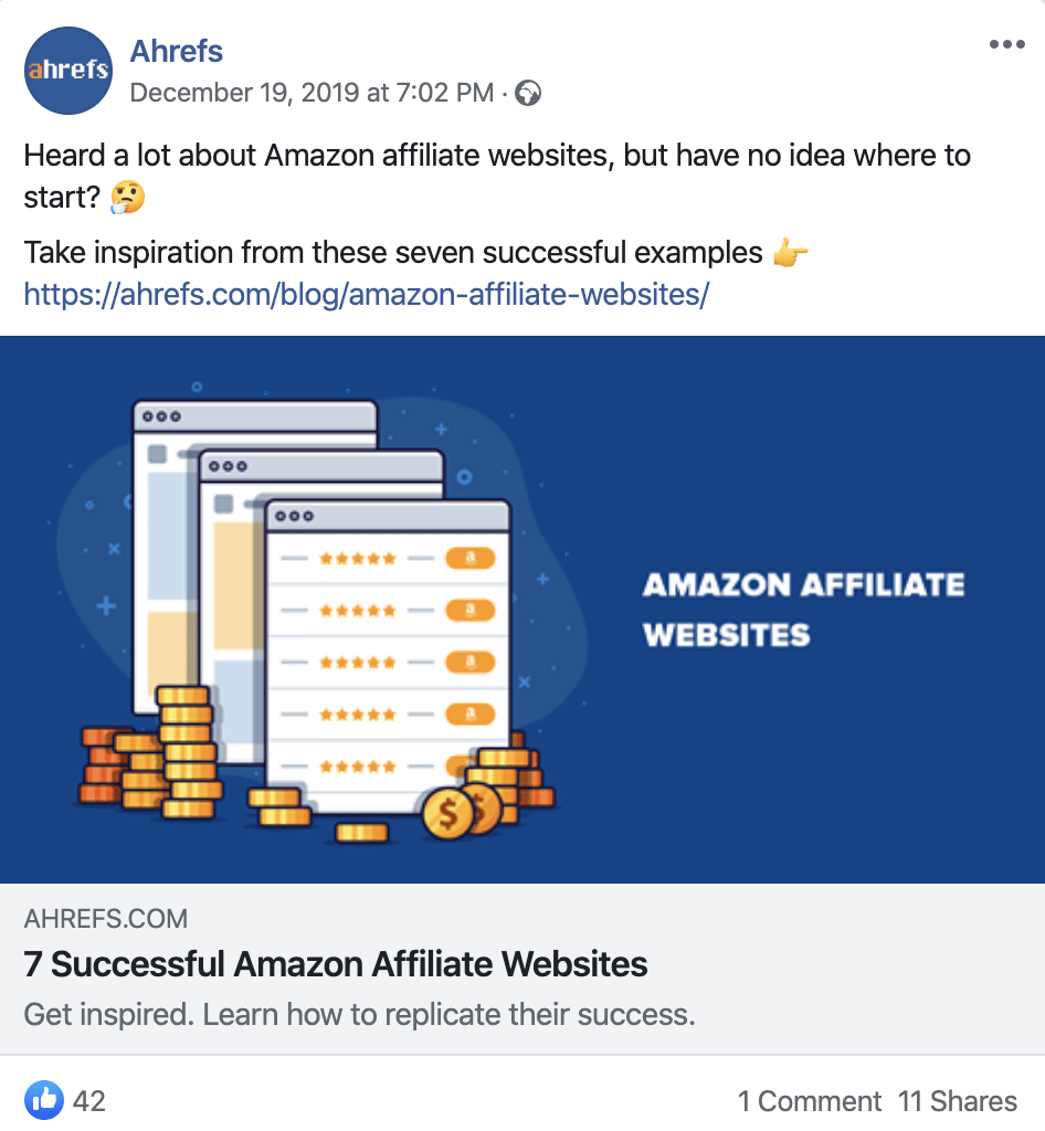 این تصویر از به اشتراک گذاری صفحه از سایت ahrefs در فیس بوک با استفاده از متا تگ اپن گراف هست